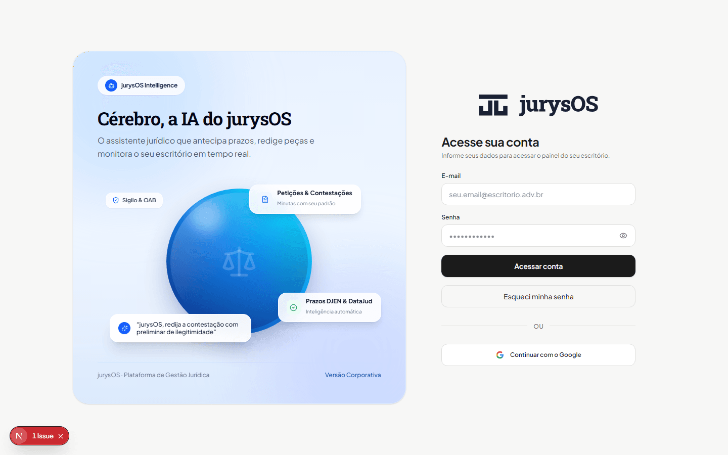 Tela Inicial jurysOS - Smart Office Jurídico com Inteligência Artificial